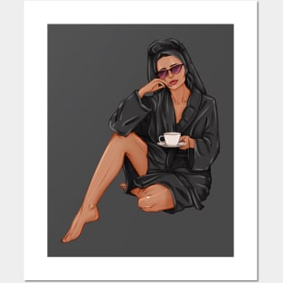 woman with cup of tea in black spa robe Posters and Art